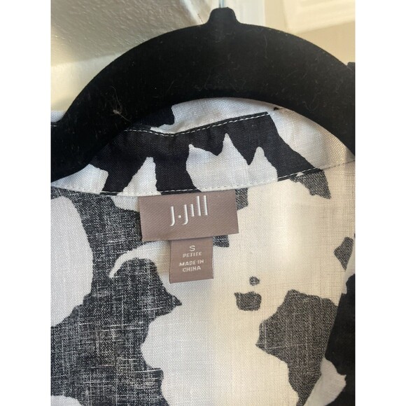 J. Jill Small Petite Floral Top Button Up Long Sleeve Black/White 100% Linen - Picture 4 of 7